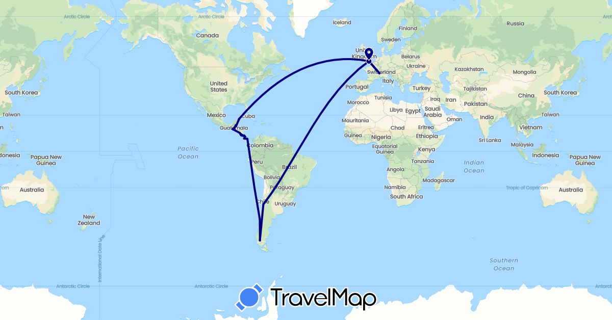 TravelMap itinerary: driving in Belize, Switzerland, Chile, Costa Rica, United Kingdom, Guatemala, Mexico, Nicaragua, Panama, El Salvador (Europe, North America, South America)